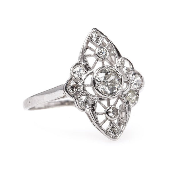 Timeless Edwardian Era Navette Style Engagement Ring with Old European Cut Diamonds | Silver City from Trumpet & Horn