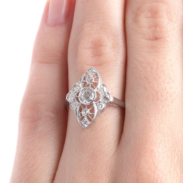 Timeless Edwardian Era Navette Style Engagement Ring with Old European Cut Diamonds | Silver City from Trumpet & Horn