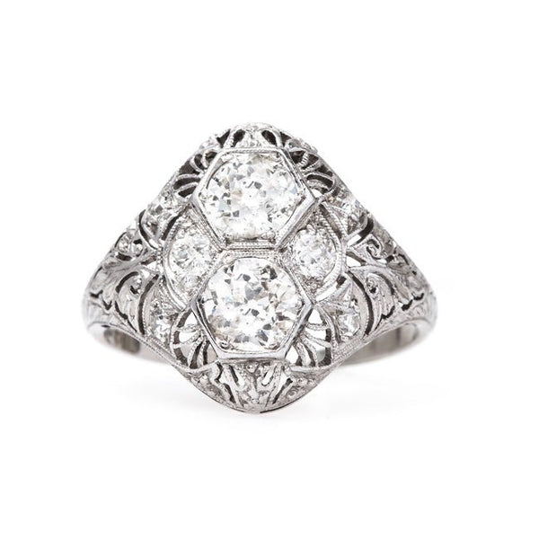 Edwardian Navette Platinum and Diamond Engagement Ring | Spyglass from Trumpet & Horn