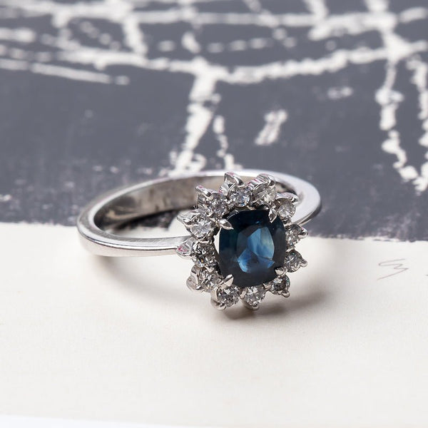 Delightful Halo Engagement Ring with Natural Deep Blue Oval Sapphire | Tamworth from Trumpet & Horn