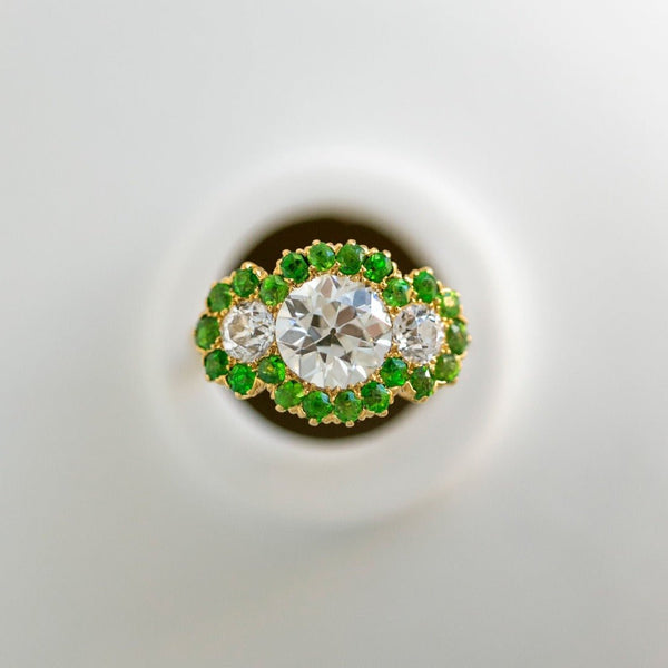 Victorian Era Antique Marcus & Co. 1.72ct Three-Stone Old European Cut Diamond & Demantoid Garnet Halo Ring | Triquetra