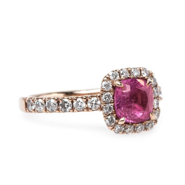 Contemporary Bubblegum Pink Sapphire and Diamond Halo Engagement Ring | Eureka Springs from Trumpet & Horn