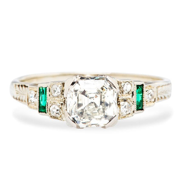 Vintage Emerald Diamond Engagement Ring | Art Deco Emerald Diamond Engagement Ring 
