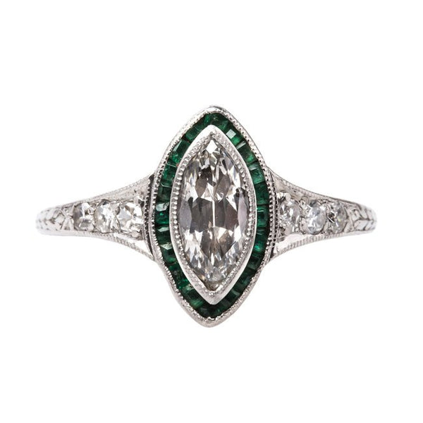Vintage Platinum Art Deco Engagement Ring with Emelald and Diamond Halo | Avery from Trumpet & Horn