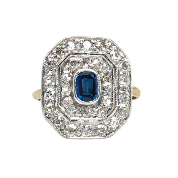 Fisher Island vintage diamond and sapphire halo ring from Trumpet & Horn
