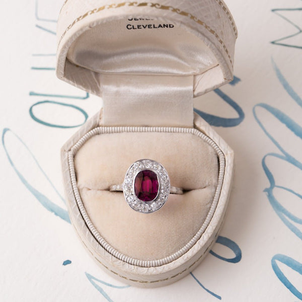 Spectacular Vintage Unheated Ruby Ring with Oval Diamond Halo | Longhaven from Trumpet & Horn