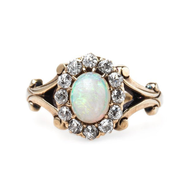 Exquisitely Handcrafted Victorian Era Opal Engagement Ring with Glittering Halo | Cinque Terre from Trumpet & Horn