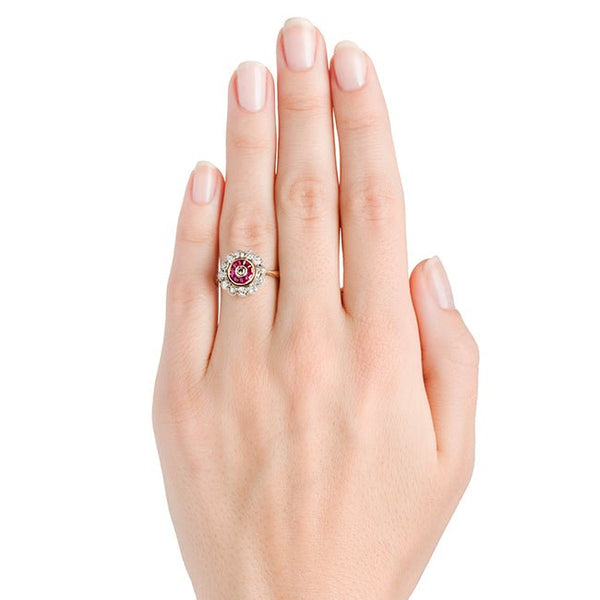 Wembley Antique Ruby Old Mine Cut Diamond Halo Engagement Ring from Trumpet & Horn