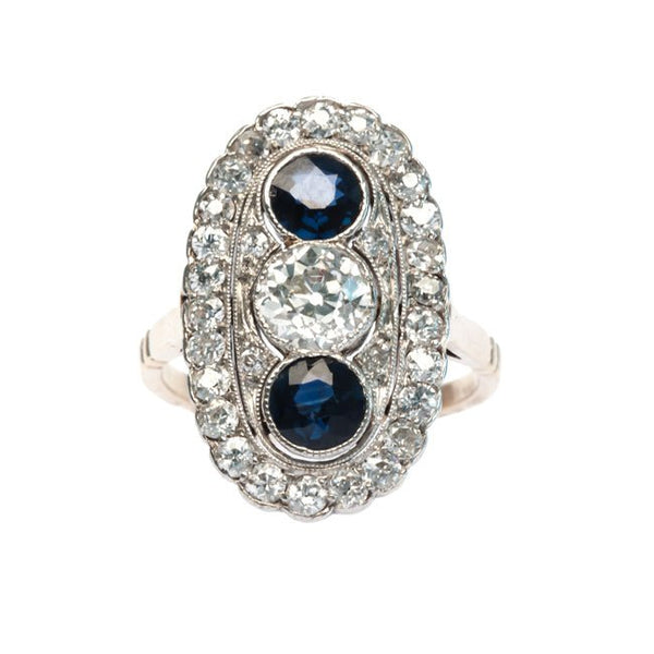 Whitehaven vintage Edwardian era Old European Cut diamond engagement ring with sapphires from Trumpet & Horn