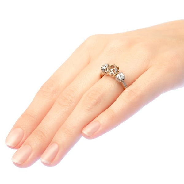 Williamsburg vintage three stone diamond engagement ring from Trumpet & Horn