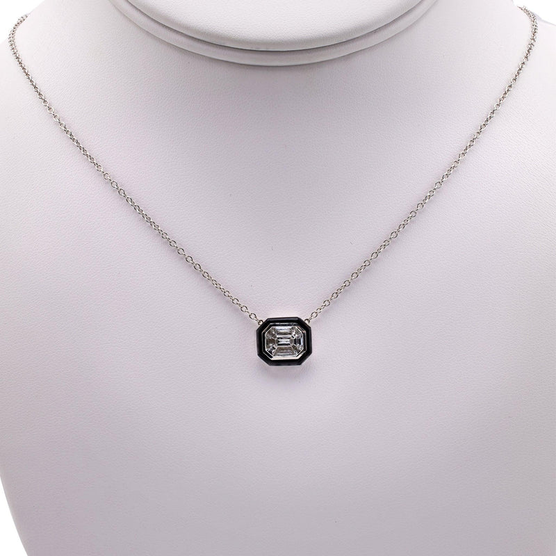 0.63 Carat Total Weight Diamond Onyx 18k White Gold Pendant Necklace