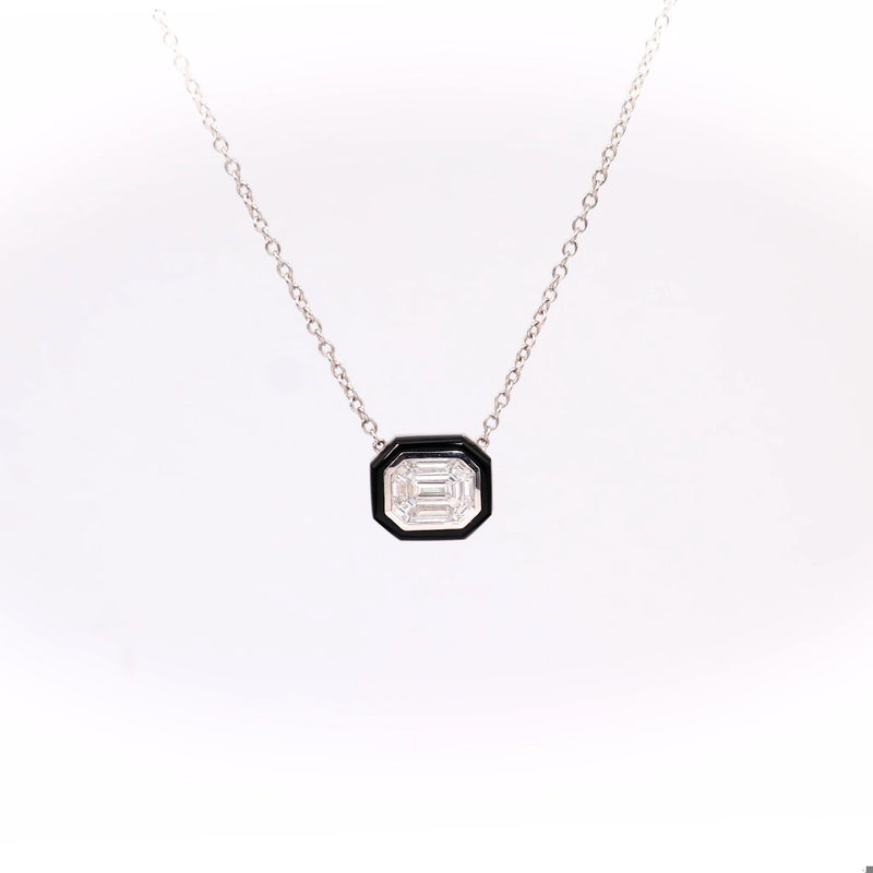 0.63 Carat Total Weight Diamond Onyx 18k White Gold Pendant Necklace