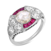 Art Deco GIA 1.03 carat rose cut diamond ruby platinum engagement ring