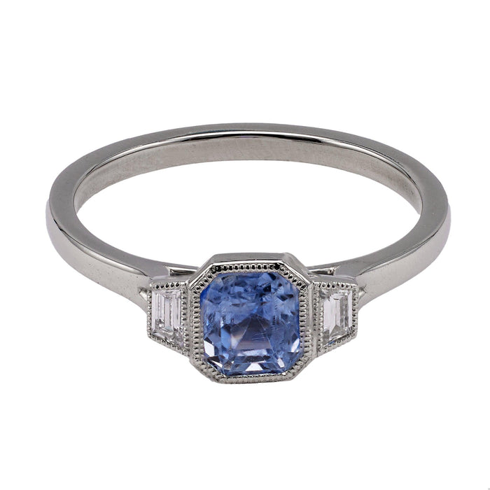 1.10 Carat Sapphire and Diamond Platinum Bezel Set Three Stone Ring