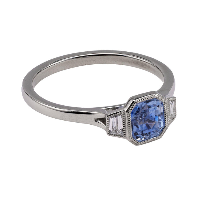 1.10 Carat Sapphire and Diamond Platinum Bezel Set Three Stone Ring