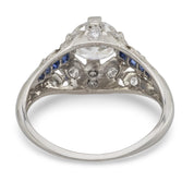 Art Deco style GIA .98 carat diamond sapphire platinum engagement ring