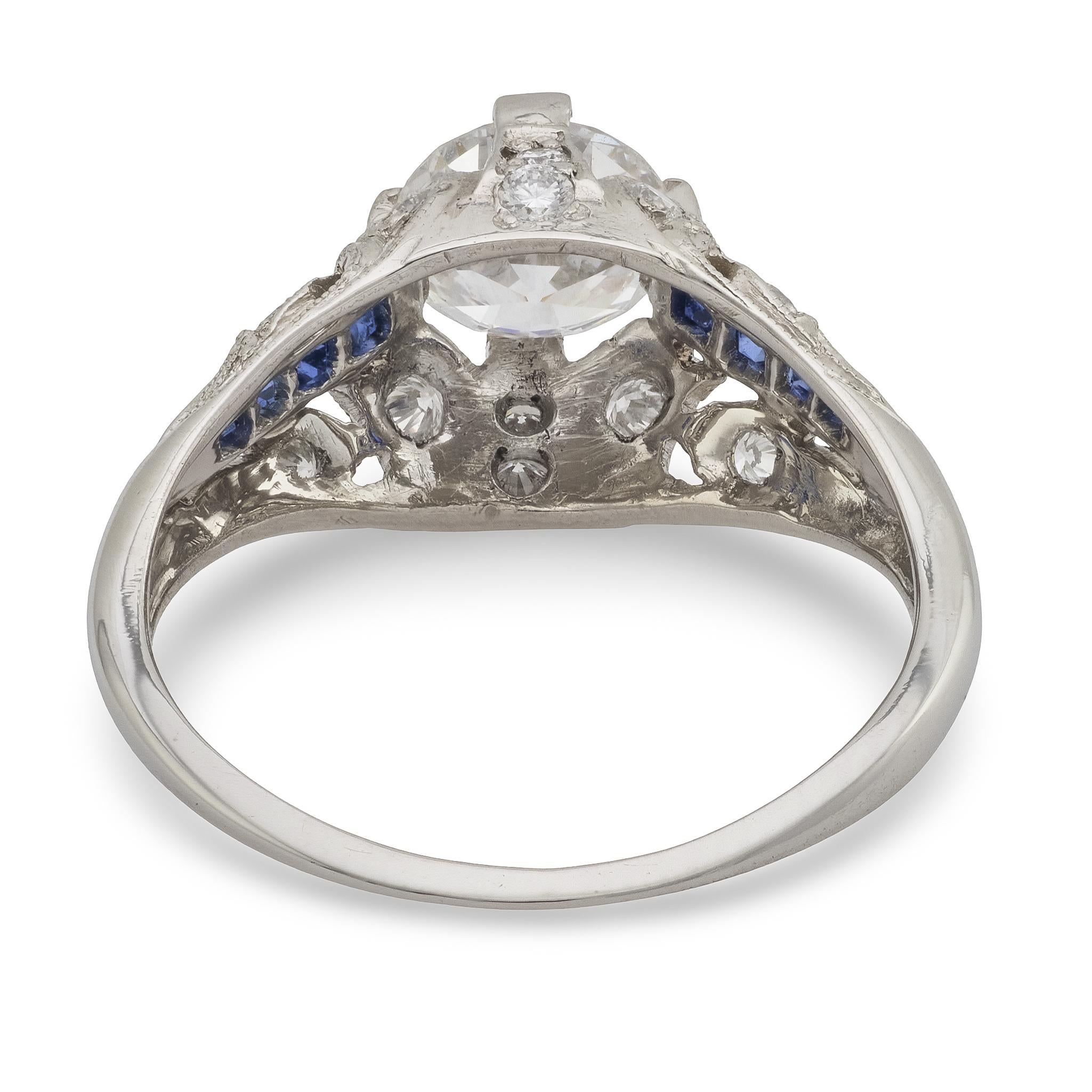 Art Deco style GIA .98 carat diamond sapphire platinum engagement ring