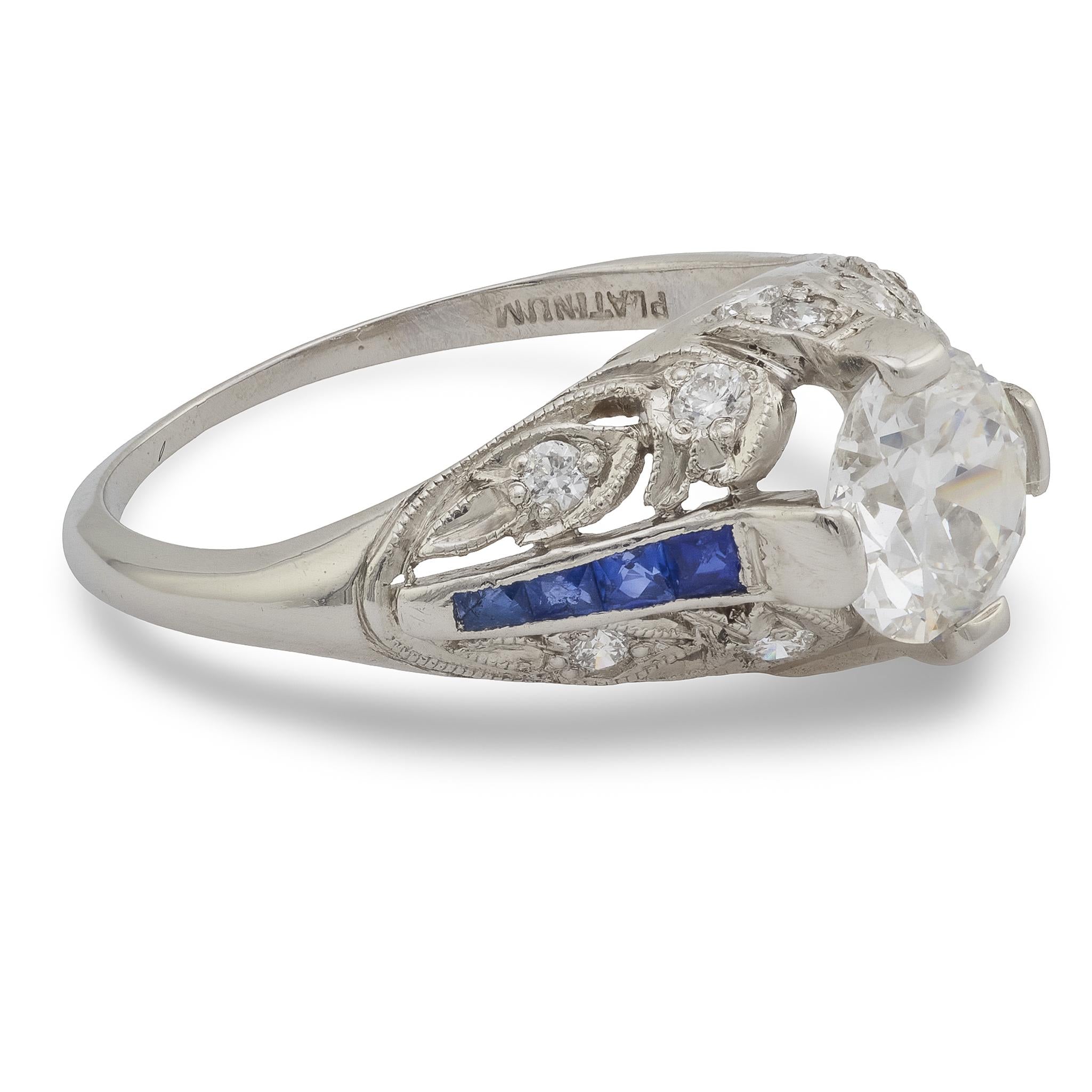 Art Deco style GIA .98 carat diamond sapphire platinum engagement ring