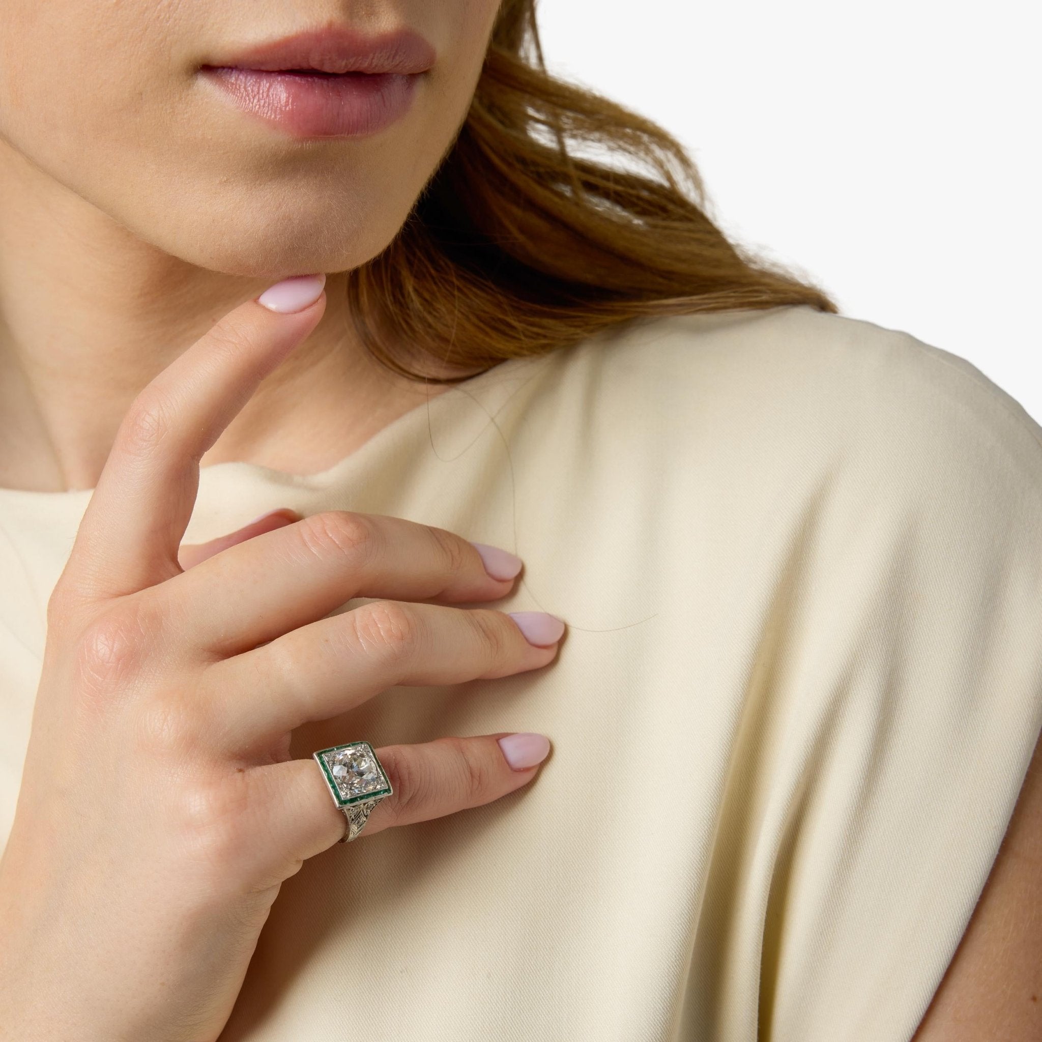 Art Deco GIA 3.42 carat old European cut diamond emerald platinum target ring