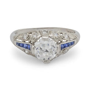 Art Deco style GIA .98 carat diamond sapphire platinum engagement ring