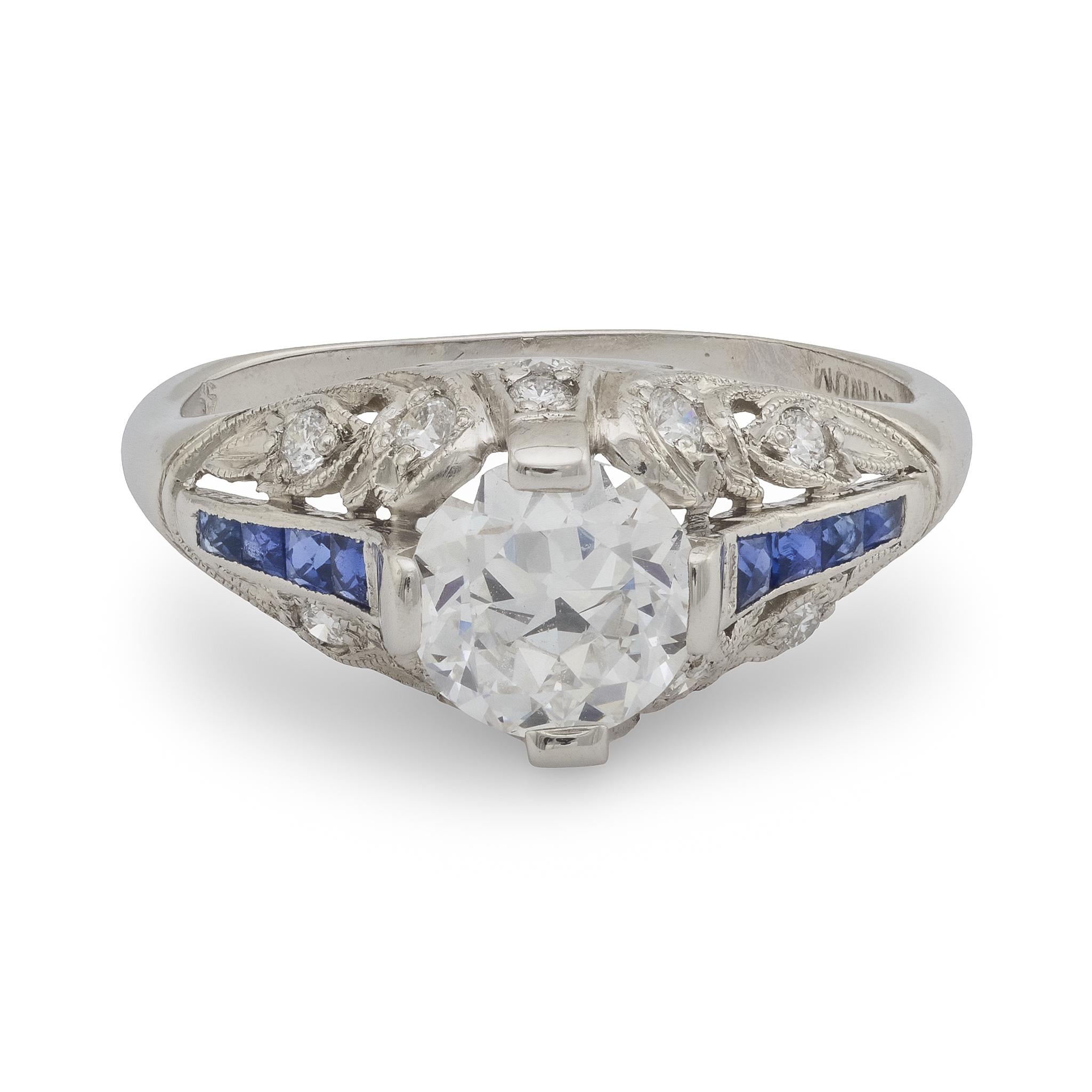 Art Deco style GIA .98 carat diamond sapphire platinum engagement ring