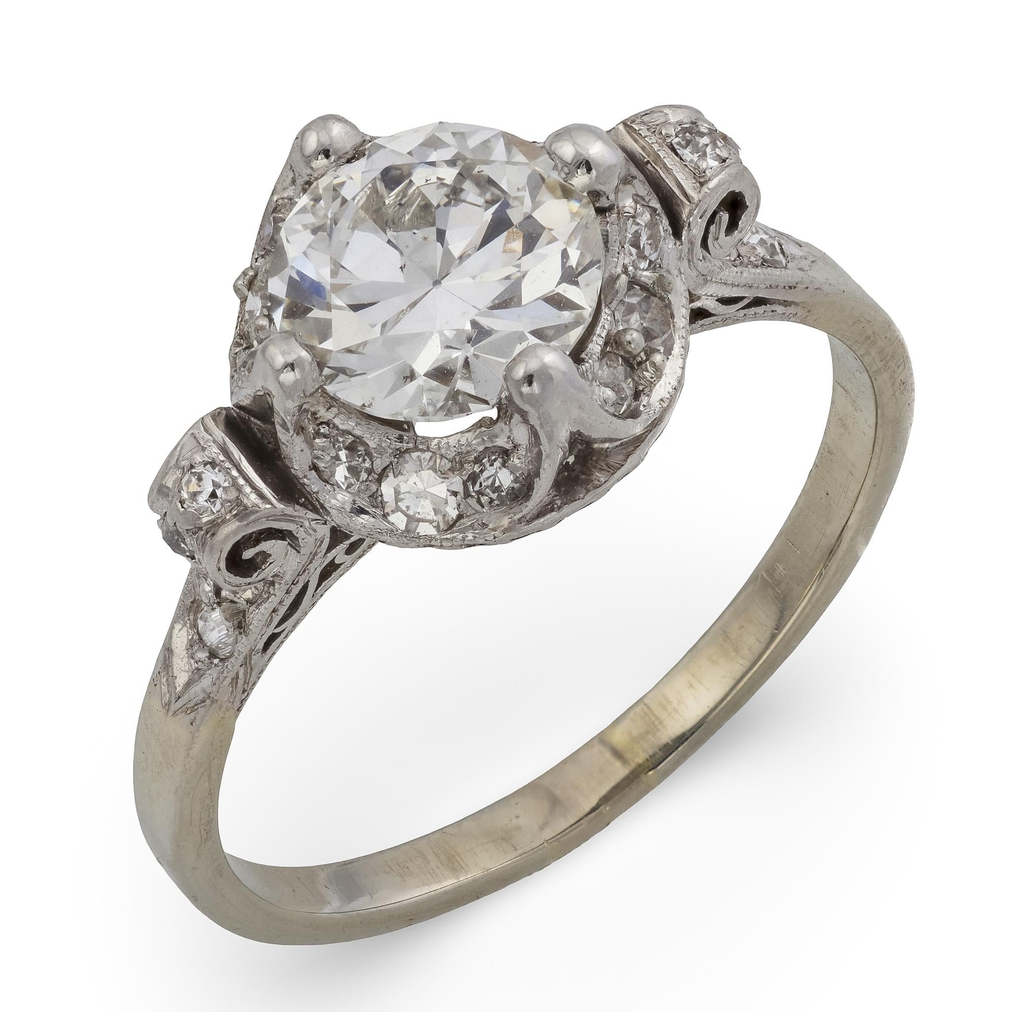 Art Deco GIA 1.41 carat diamond platinum 18k white gold engagement ring