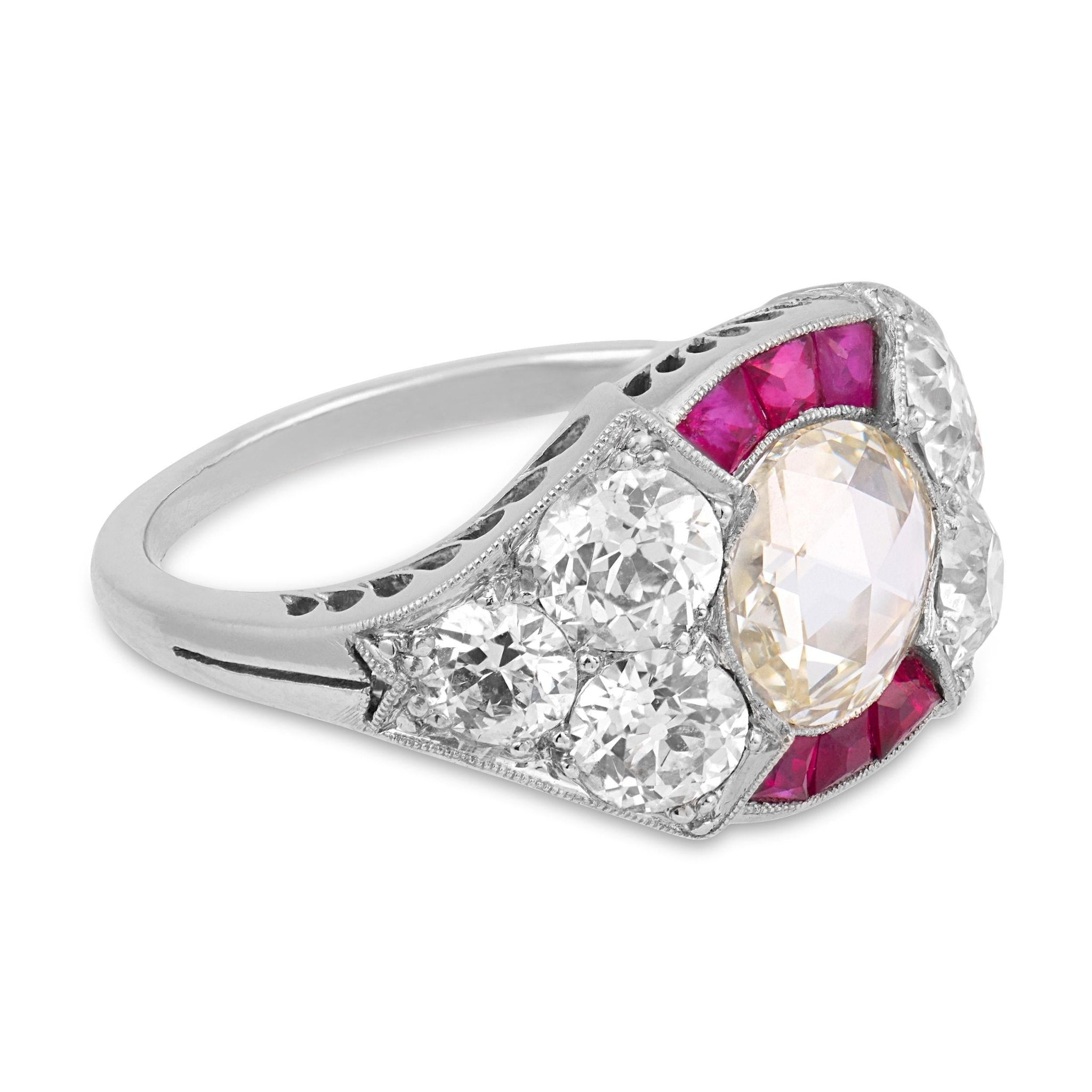 Art Deco GIA 1.03 carat rose cut diamond ruby platinum engagement ring