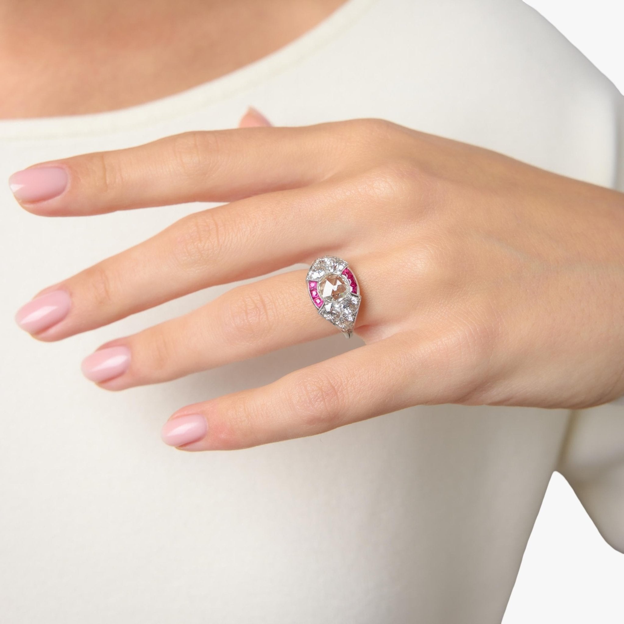 Art Deco GIA 1.03 carat rose cut diamond ruby platinum engagement ring