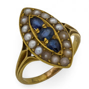 Victorian sapphire seed pearl 18k yellow gold navette ring