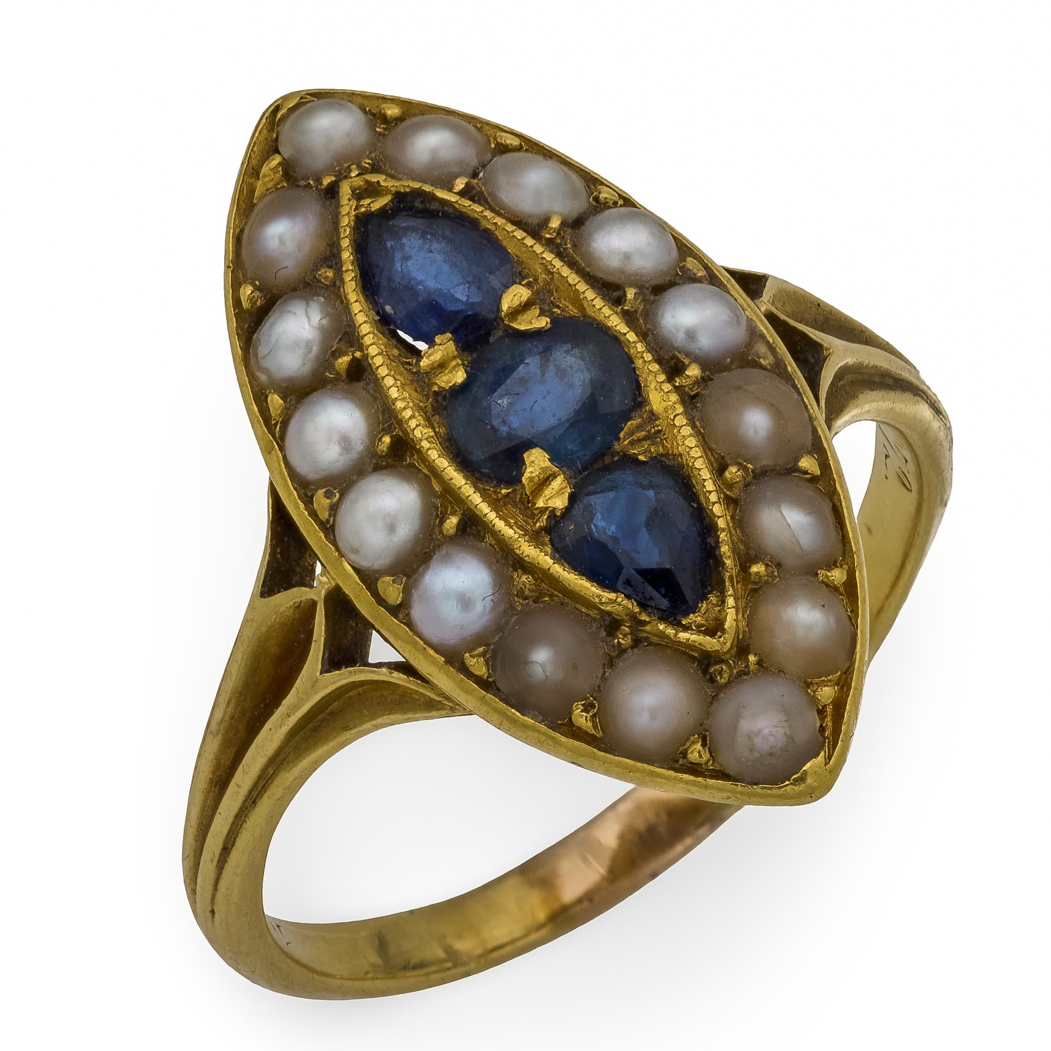 Victorian sapphire seed pearl 18k yellow gold navette ring