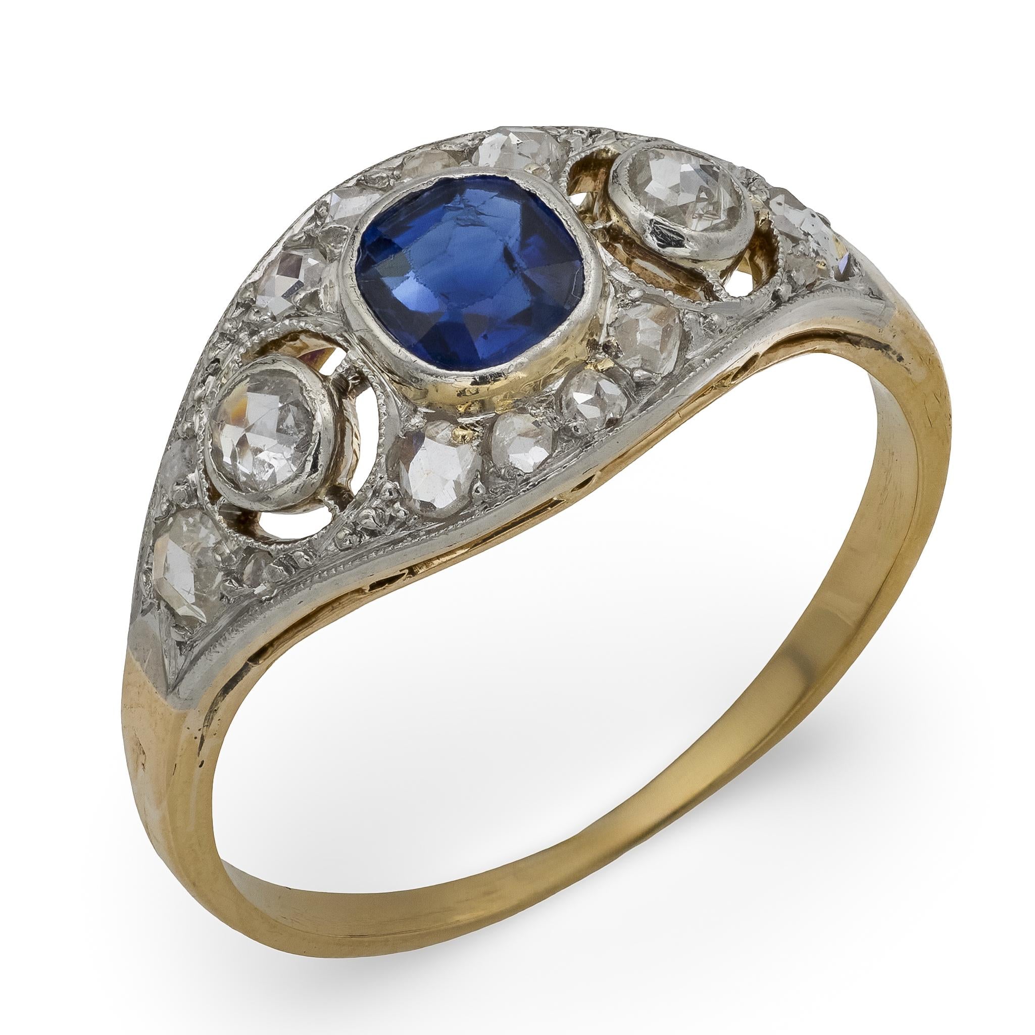 Edwardian sapphire diamond 18k yellow gold and platinum ring
