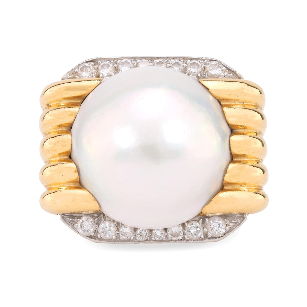 Iconic David Webb mabe pearl diamond 18k yellow gold cocktail ring