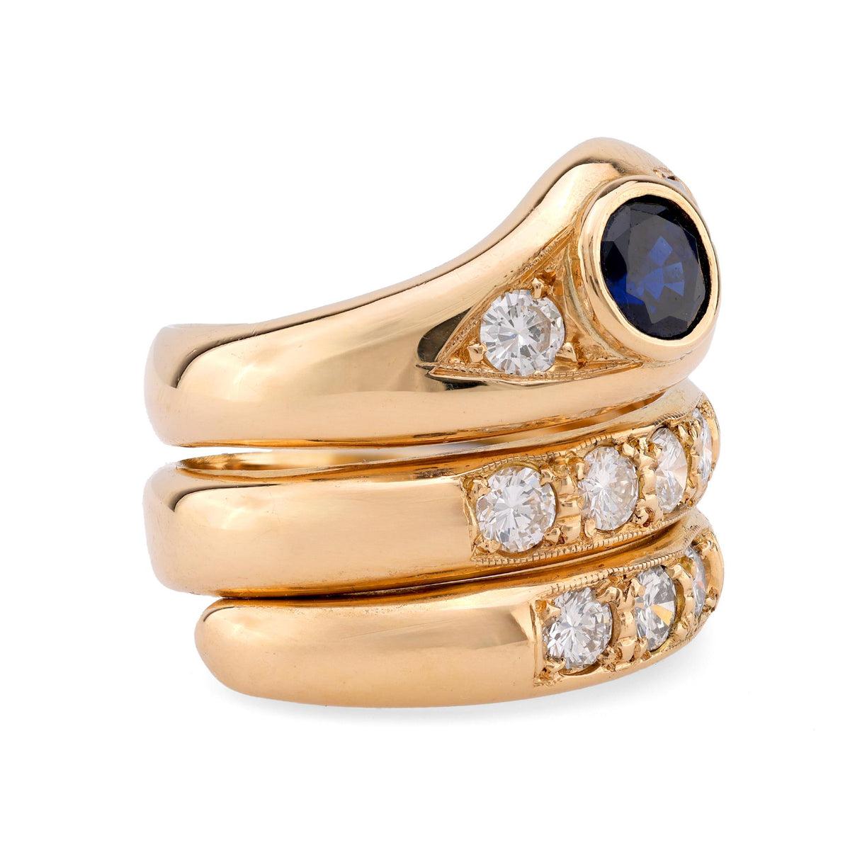 Desirable sapphire diamond 18k yellow gold snake ring