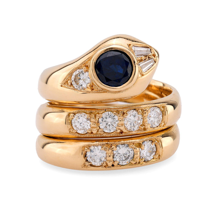 Desirable sapphire diamond 18k yellow gold snake ring