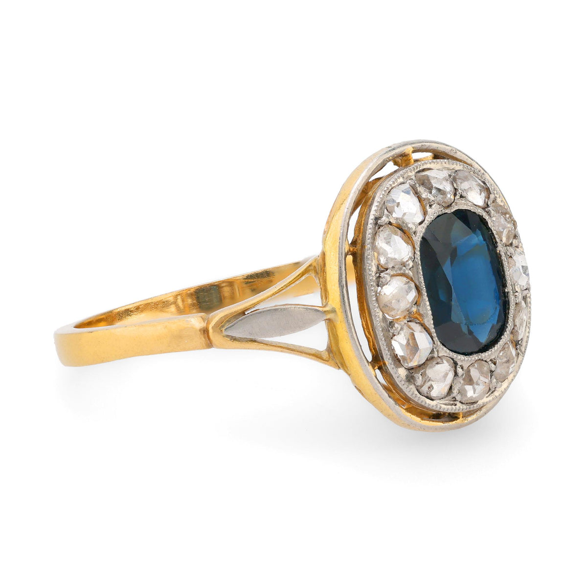 Edwardian sapphire diamond 18k yellow gold cluster ring