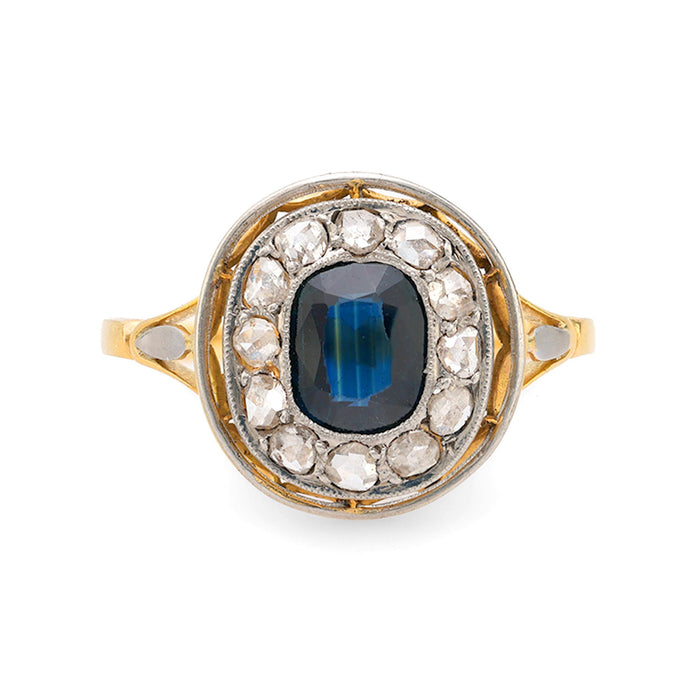 Edwardian sapphire diamond 18k yellow gold cluster ring