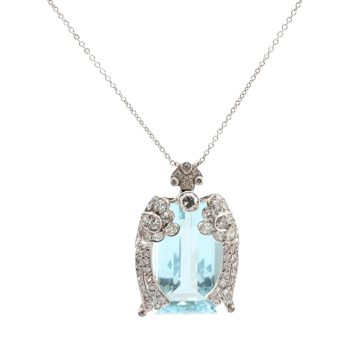 Art Deco French 42 carat aquamarine diamond platinum necklace