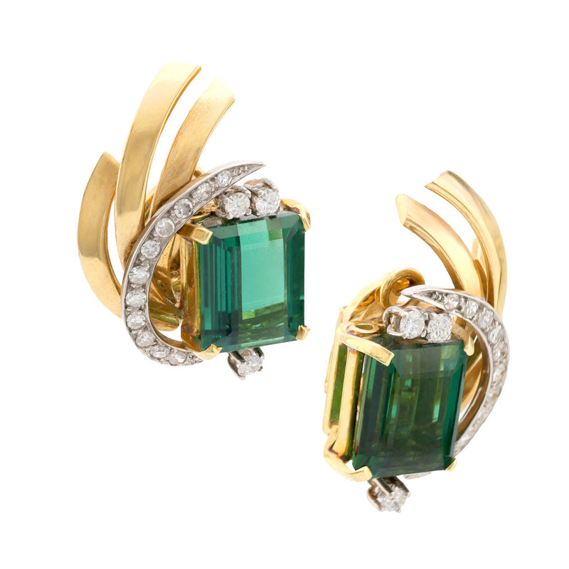 Vintage 14 carat green tourmaline diamond 18k yellow gold earrings