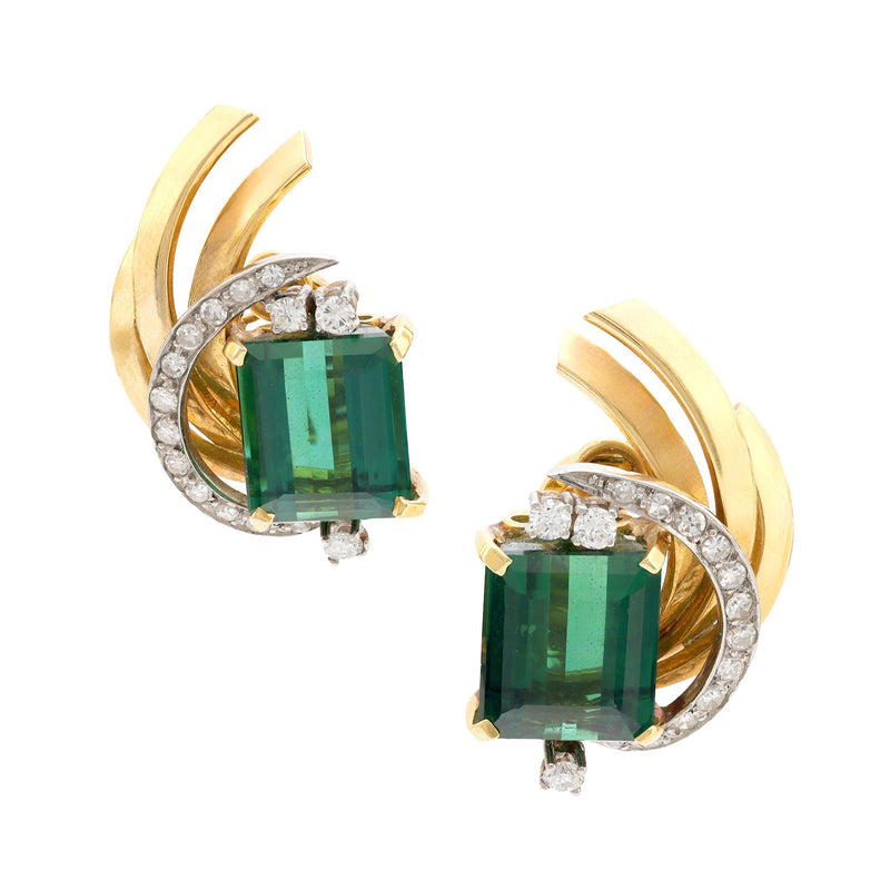 Vintage 14 carat green tourmaline diamond 18k yellow gold earrings