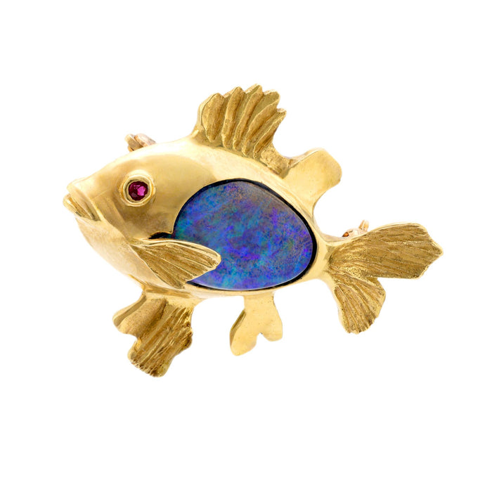 Vintage opal ruby 18k yellow gold fish brooch