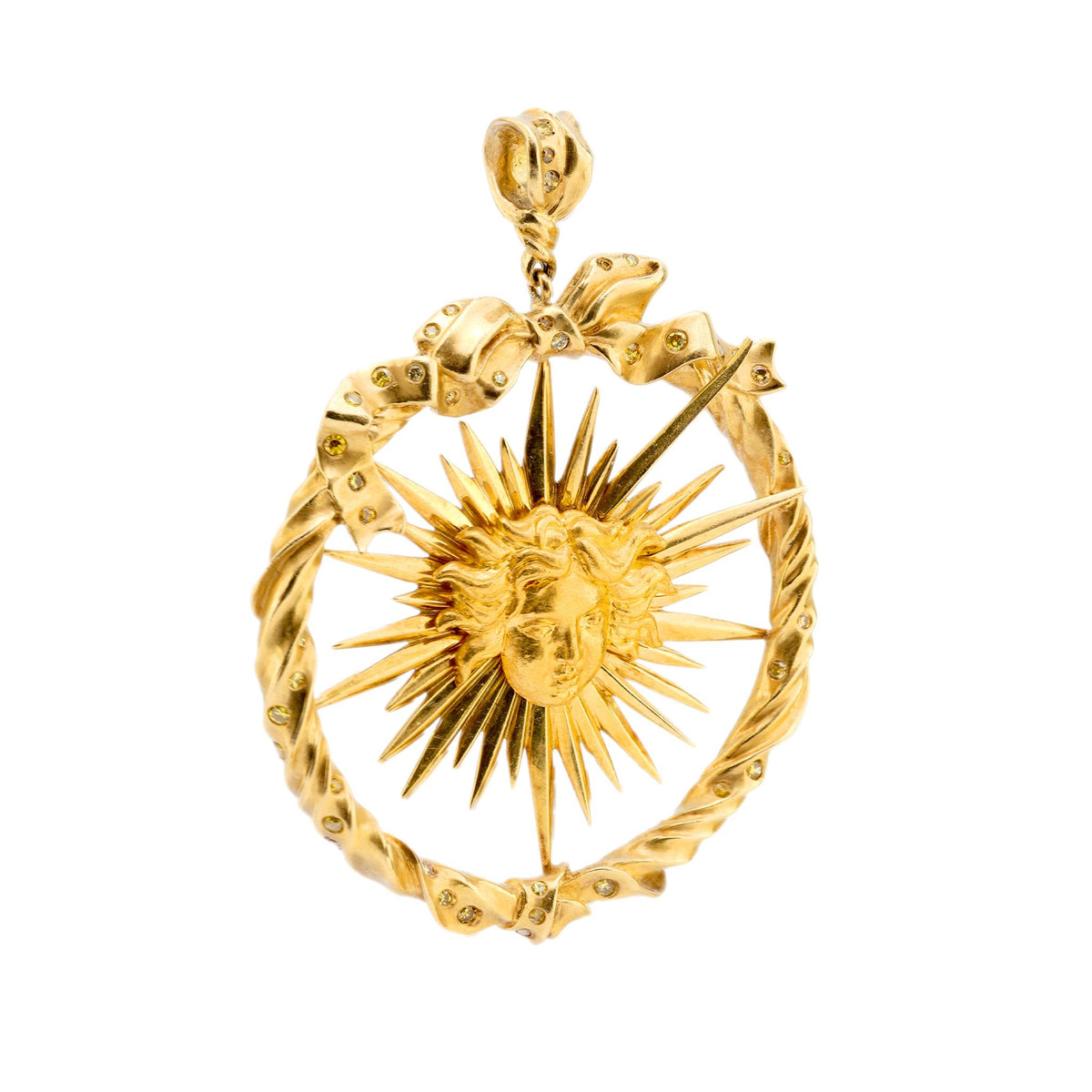 Julius Cohen fancy yellow diamond 18k gold sun pendant