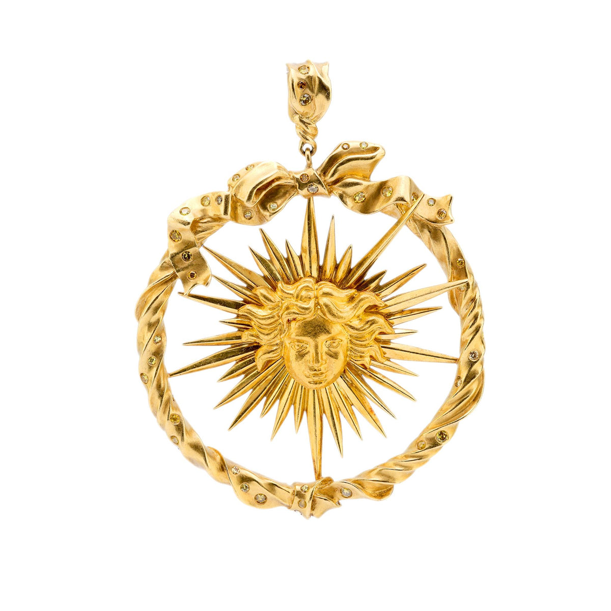 Julius Cohen fancy yellow diamond 18k gold sun pendant