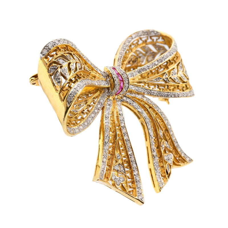 Edwardian inspired diamond ruby 18k gold ribbon brooch