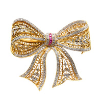 Edwardian inspired diamond ruby 18k gold ribbon brooch