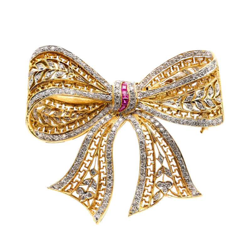 Edwardian inspired diamond ruby 18k gold ribbon brooch