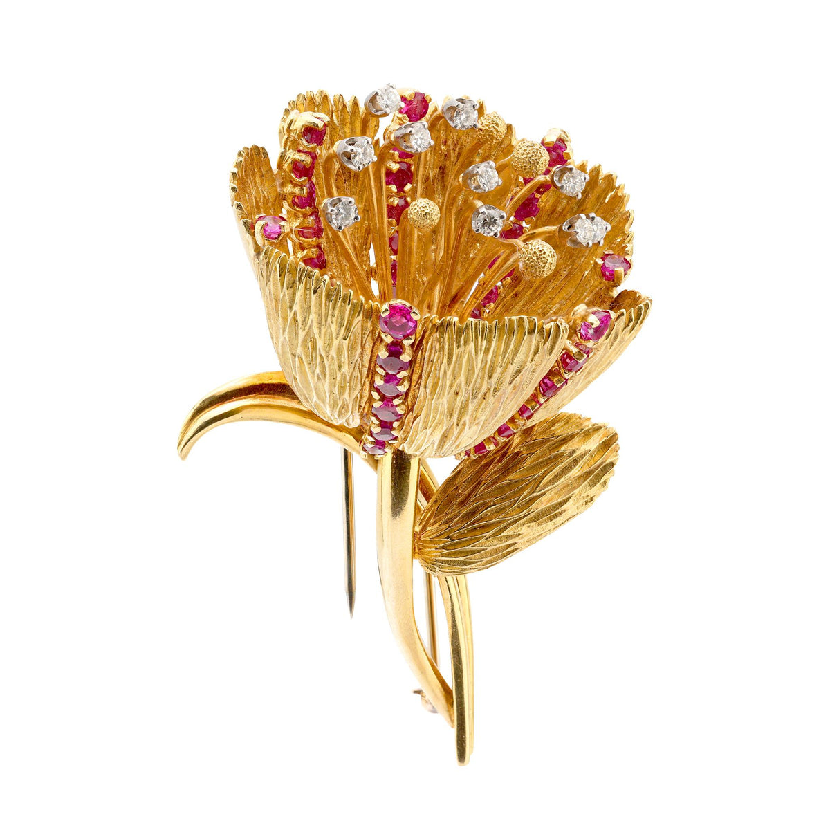 Retro 5 carat total weight ruby diamond 18k gold tulip flower brooch