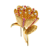 Retro 5 carat total weight ruby diamond 18k gold tulip flower brooch