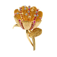 Retro 5 carat total weight ruby diamond 18k gold tulip flower brooch