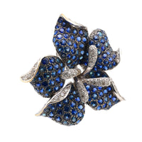 Modern 9 carat sapphire diamond 18k white gold flower brooch