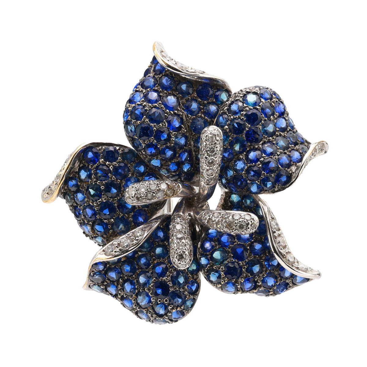 Modern 9 carat sapphire diamond 18k white gold flower brooch